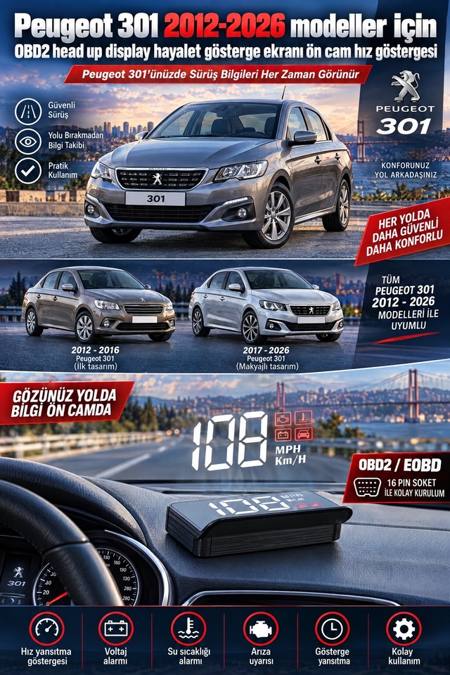 Peugeot 301 2012-2026 Modeller İçin Obd2 Head Up Display Hayalet Gösterge Ekranı Ön Cam Hız Göstergesi