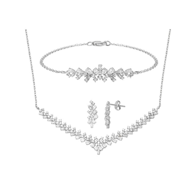 Bilezikci Modern Tasarım 14 Ayar Beyaz Altın Hanımeli Set Stpj34133