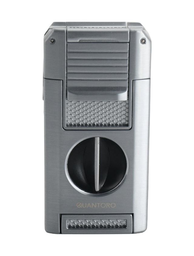 Quantoro Çift Torch Pürmüz V-cut/delicili/iğneli Gümüş Metal Puro Çakmağı - Trz1097