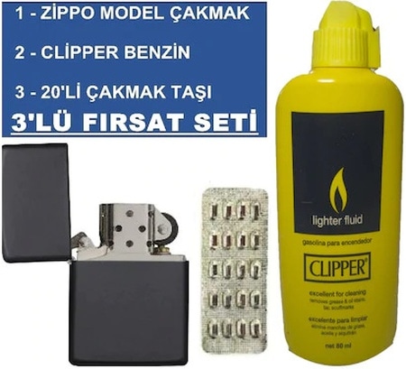 Zippo Benzinli Çakmak + Clipper Benzin 80 Ml + 20 Li Çakmak Taşı