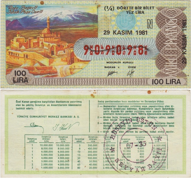 Eski Milli Piyango 1/4 Çeyrek Bilet 29 Kasım 1981 Doğu Bayezit-ishak Paşa. N Serisi 100 Lira. Lekeli Teşhir Ürün