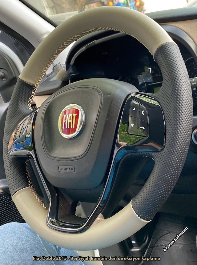 Fiat Doblo D4 Araca Özel Direksiyon Kılıfı Krem Deri Bej Değildir Krem - Siyah