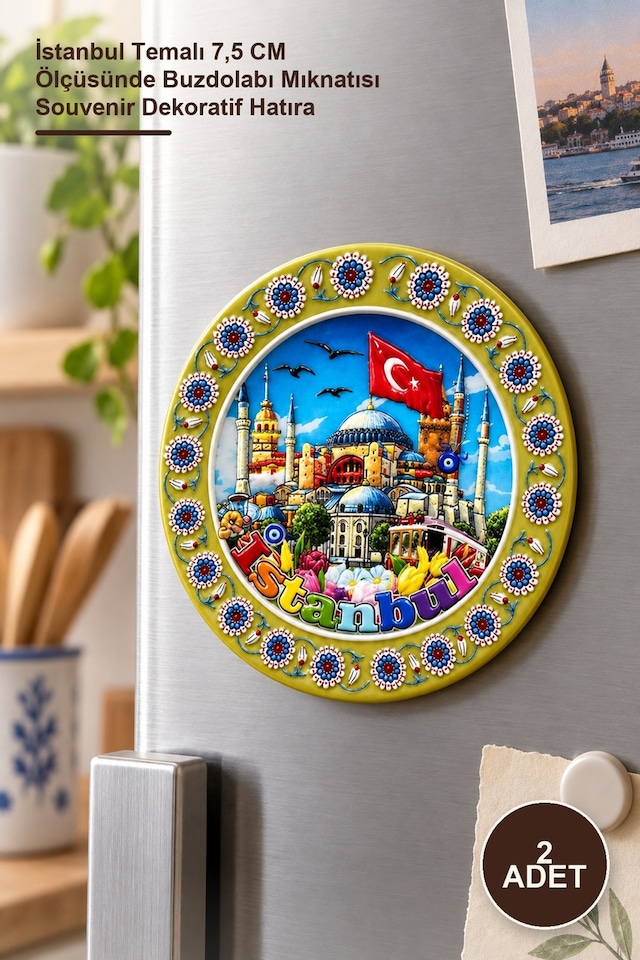 2 Adet Seramik Magnet İstanbul Temalı 7,5 Cm Ölçüsünde Buzdolabı Mıknatısı Souvenir Dekoratif Hatıra
