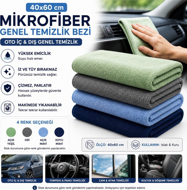 Muggio 40x60 Mikrofiber Genel Temizlik Bezi Oto İç Dış Temizlik Bezi İz Tüy Hav Bırakmaz 1 Adet