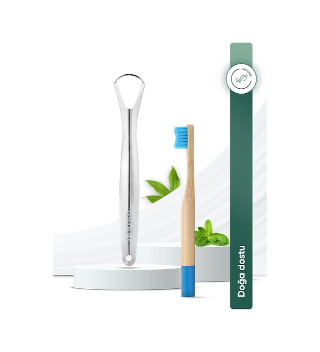 Tbrush Mavi Doğal Bambu Vegan Çocuk Diş Fırçası - Soft (yumuşak) + Paslanmaz Çelik Dil Temizleyici