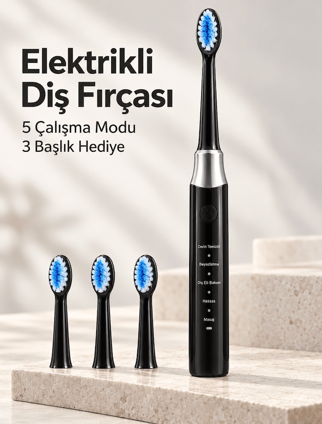 Hassas Ve Masaj Modlu Siyah Elektrikli Diş Fırçası Usb Şarjlı 3 Başlık Hediyeli Diğer