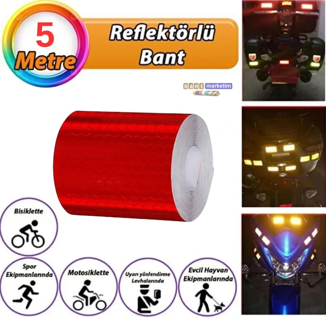 Reflektörlü Reflektif Fosforlu Şerit Bant Petekli Reflekte I Kaz Bandı 5 Cm X 5 Metre Kırmızı