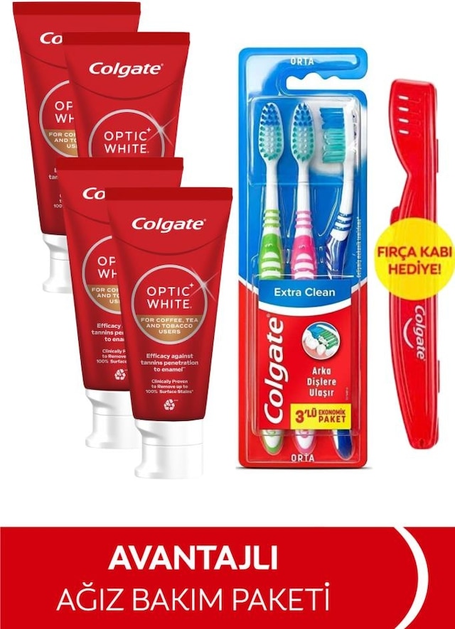 Optic White Kahve Çay Ve Tütün Kullanıcıları Için Diş Macunu 4x 50 Ml+extra Clean Dil Temizleyicili Orta Diş Fırçası 3'lü Paket