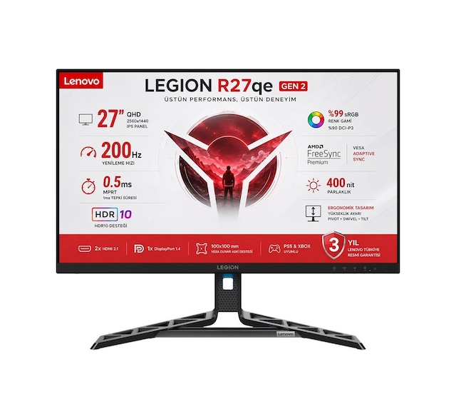 Lenovo Legion R27qe Gen 2 27" 0.5 Ms Mprt 200hz 2xhdmı-displayport Hdr10 Amd Freesync Premium Ips Panel Qhd 2560 X 1440 Pivot Gaming Monitör 68c7gac3tk