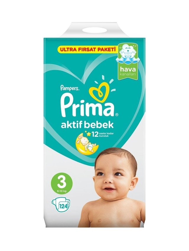 Prima Pampers Aktif Bebek Ultra Fırsat Paketi Midi Bebek Bezi 6-10 KG 3 Beden 124 Adet