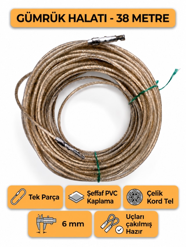 Tır Dorse Kamyon Konteyner Gümrük Halatı Galvanizli Çelik Tel 38 Metre 6mm