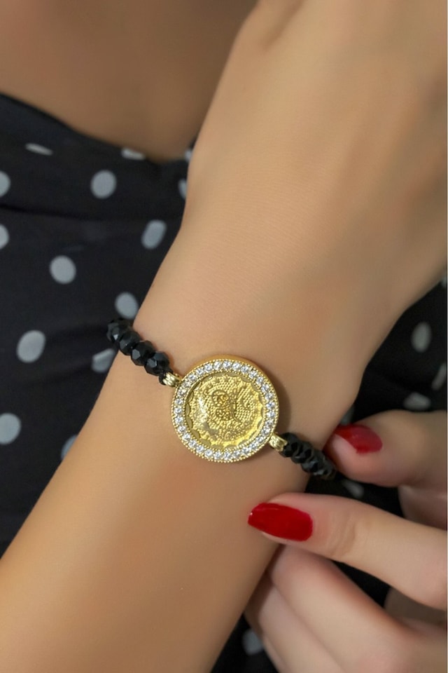 Safir Taşlı 8 Ayar Tuğralı Bileklik Siyah
