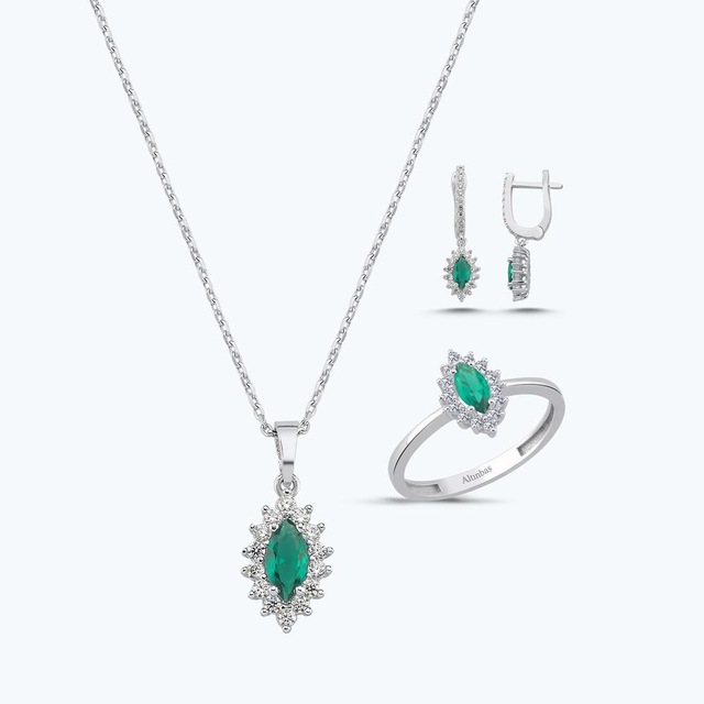 Altınbaş Yeşil Taşlı Altın Üçlü Markiz Set Autk0032-b-24627-y-set