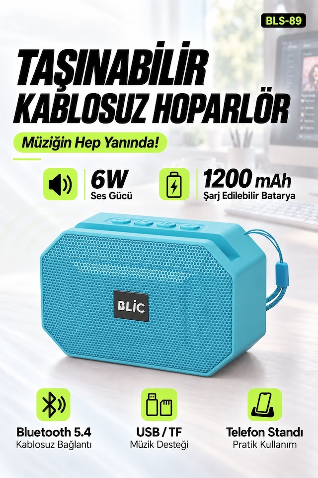 Blic Bls-89 Bluetooth 5.4 Taşınabilir Hoparlör Mavi 6w Rms, Telefon Standlı, Usb Ve Tf Kart Destekli