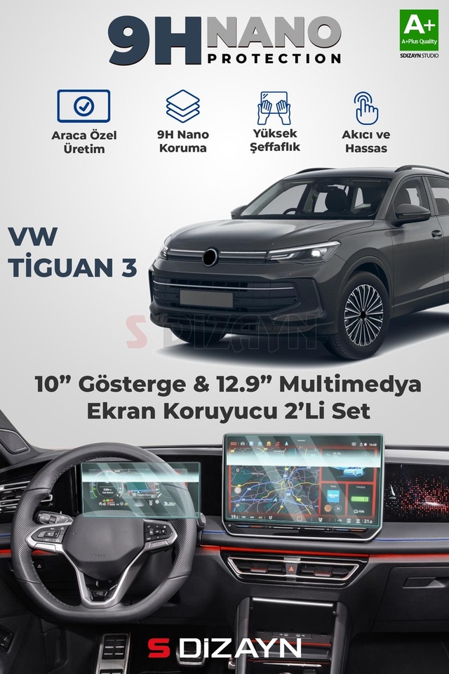 S-dizayn Vw Tiguan 3 10 İnç Gösterge Ve 12.9 İnç Multimedya 9h Nano Ekran Koruyucu 2'li Set Parlak 2024 Üzeri A+ Kalite