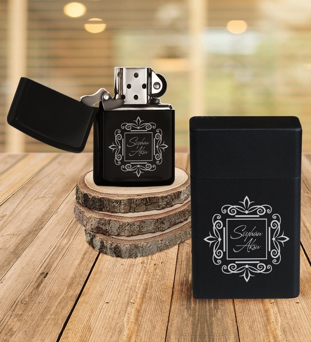 Kişiye Özel İsimli Siyah Metal Sigara Tabakası Benzinli Çakmak Set