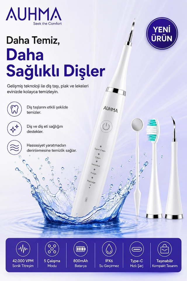 Ultrasonic Şarjlı Elektrikli Akıllı Diş Temizleme Cihazı Beyazlatıcı 5 Mod 3+1 Başlık, Ipx8 Su Geçi