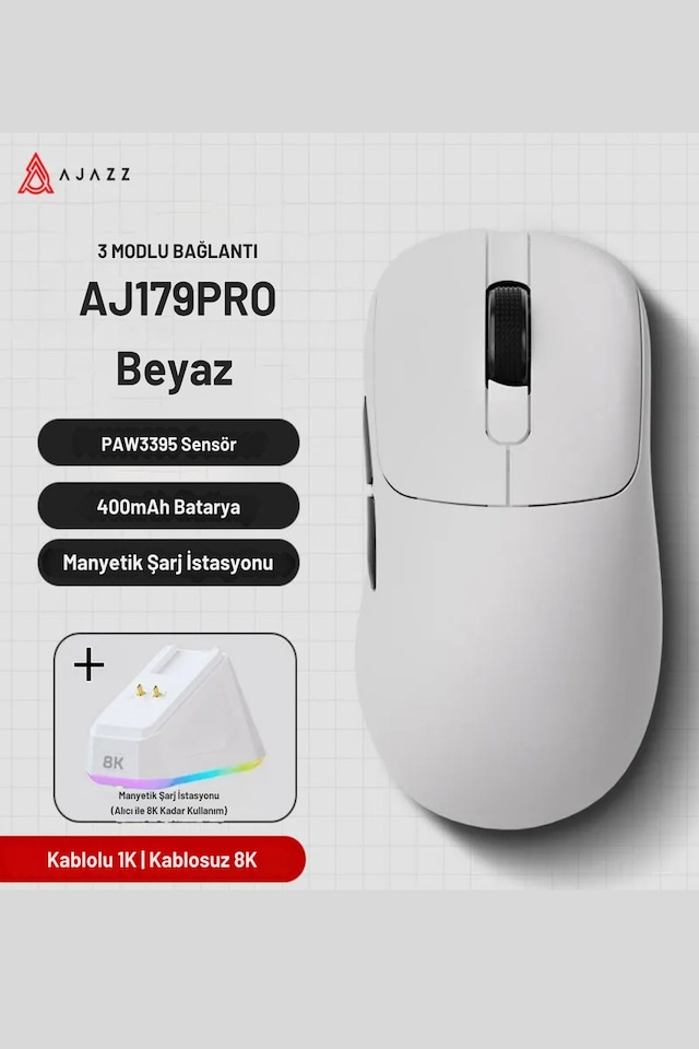 Aj179 Pro Kablosuz 3 Mod8000hz-26.000dpı Oyuncu Mouse Paw3395 Sensör Rgb Manyetik Şarj İstasyonu Diğer