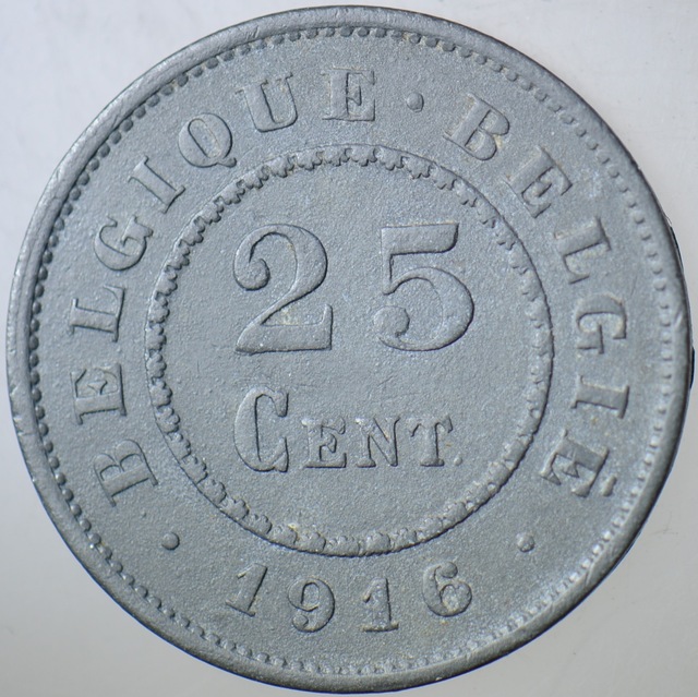 Belçika 25 Centimes 1916 Alman İşgali-ı. Dünya Savaşı Dönemi. Çinko.