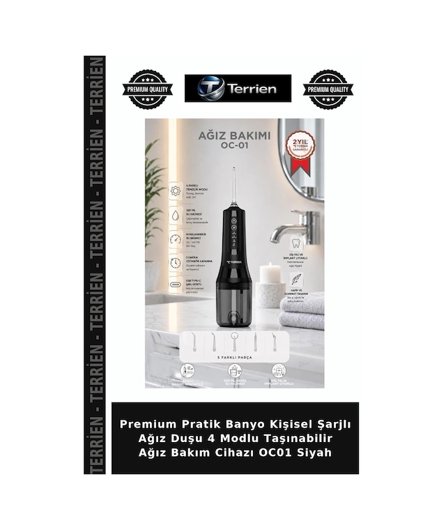 Premium Pratik Banyo Kişisel Şarjlı Ağız Duşu 4 Modlu Taşınabilir Ağız Bakım Cihazı Oc01 Siyah