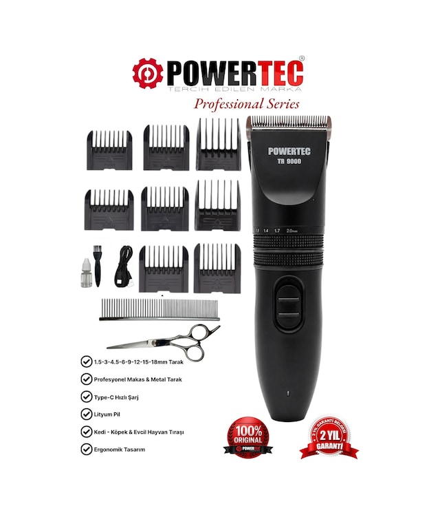 Powertec Tr-9000 Kedi Köpek Tıraş Makinesi Seti Pet Evcil Hayvan Tüy Kesme Makas Ve Metal Tarak Hediyeli 4 - 5 Saat Siyah