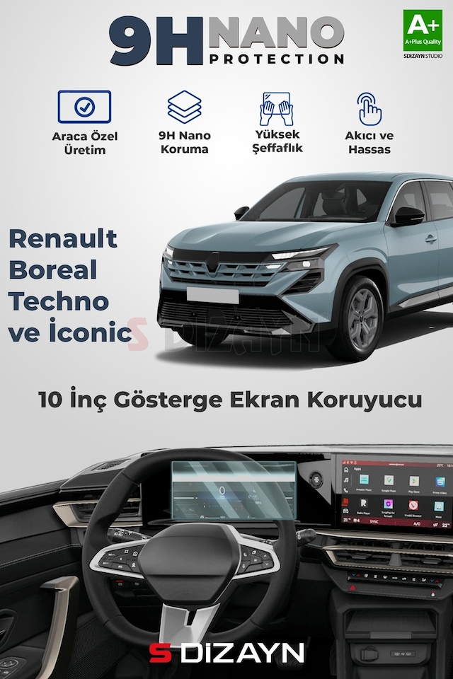 S-dizayn Renault Boreal Techno Ve İconic 10 İnç 9h Nano Gösterge Ekran Koruyucu Parlak 2025 Üzeri A+ Kalite