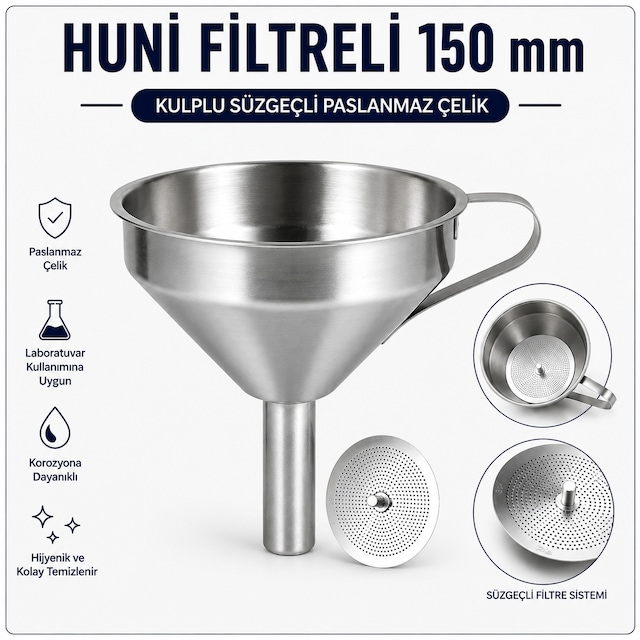 Huni Filtreli 150 Mm - Kulplu Süzgeçli Paslanmaz Çelik