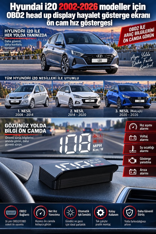Hyundai İ20 2002-2026 Modeller İçin Obd2 Head Up Display Hayalet Gösterge Ekranı Ön Cam Hız Göstergesi