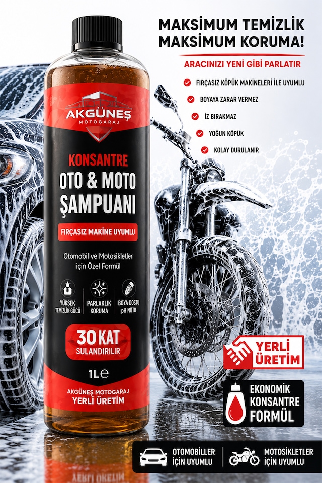 Akgüneş Motogaraj 1 Lt Konsantre Oto & Moto Şampuanı 30 Kat Sulandırılabilir Fırçasız Makine Uyumlu