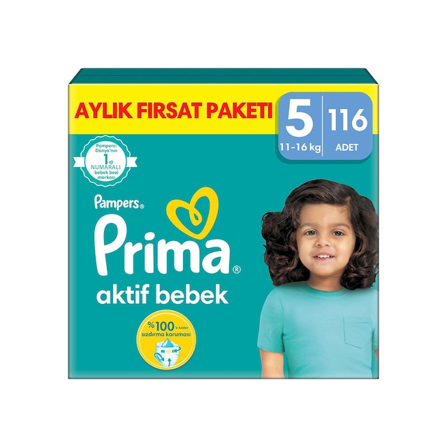Prima Aktif Bebek 5 Beden Junior Bebek Bezi Aylık Fırsat Paketi 116 Adet