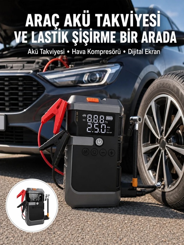 Ers Araç İçin 4 Fonksiyonlu Akü Takviye Ve Lastik Şişirme Cihazı Yeni Nesil