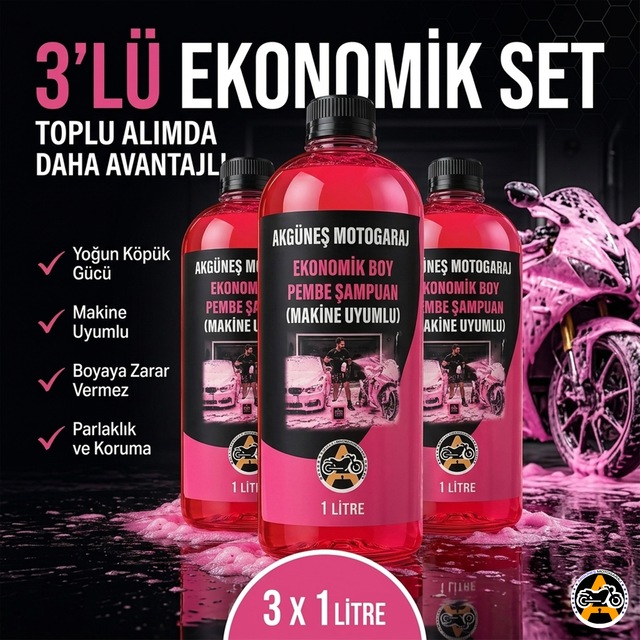 3 Adet Akgüneş Motogaraj 1lt Pembe Köpük Oto Şampuanı Konsantre 100 Kat