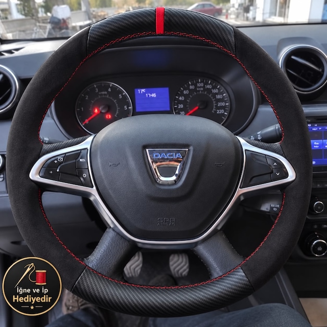 Dacia Logan Dikme Direksiyon Kılıfı Alcantara Süet Mat Karbon Kırmızı Yüzük Ve Dikiş 2017-2020