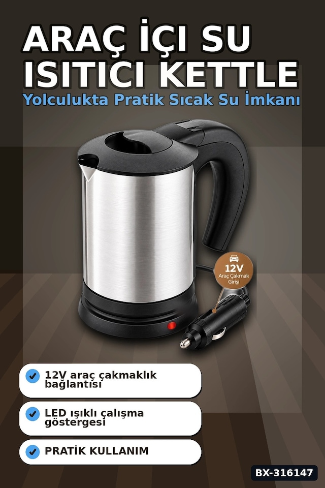Araç İçi Su Isıtıcı Kettle 12v Çakmaklık Girişli Paslanmaz Çelik Termos Bx-316147