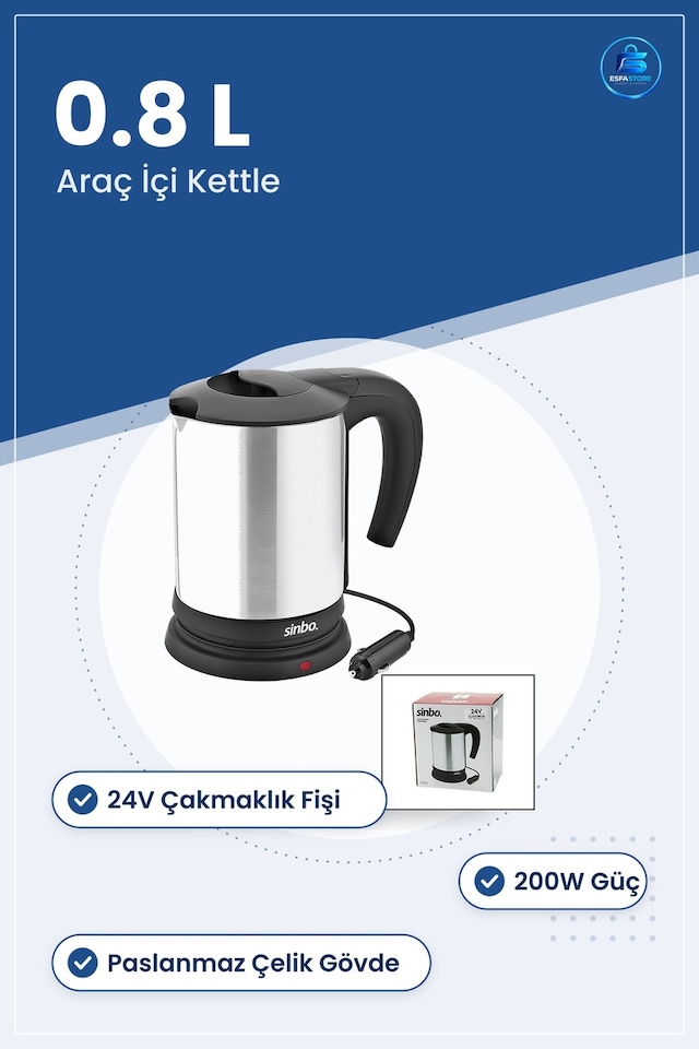 Araç İçi Su Isıtıcı Kettle 24v 0.8l 200w Paslanmaz Çelik Çakmaklı