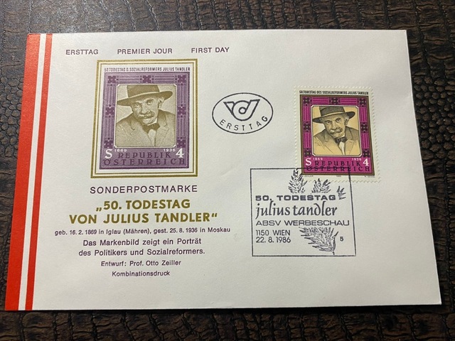 Österreich Fdc Avusturya 1986 Özel Pullu Özel Damgalı İlkgün Zarfı Julius Tandler'in 50. Ölüm Yıldönümü Teşhir Ürün