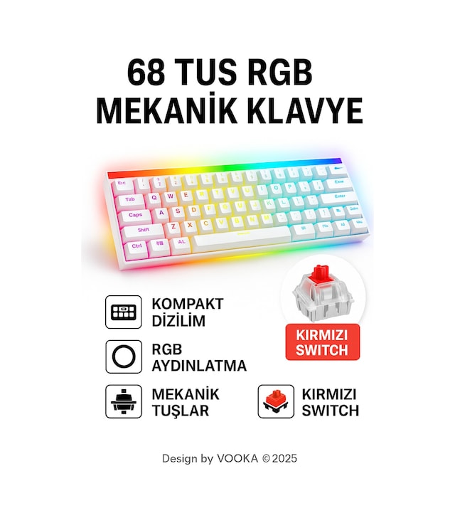 68 Tuş Red Switch Rgb Mekanik Oyuncu Klavyesi Hot Sbhghhhwapple, Renkli Aydınlatma Gaming Keyboard