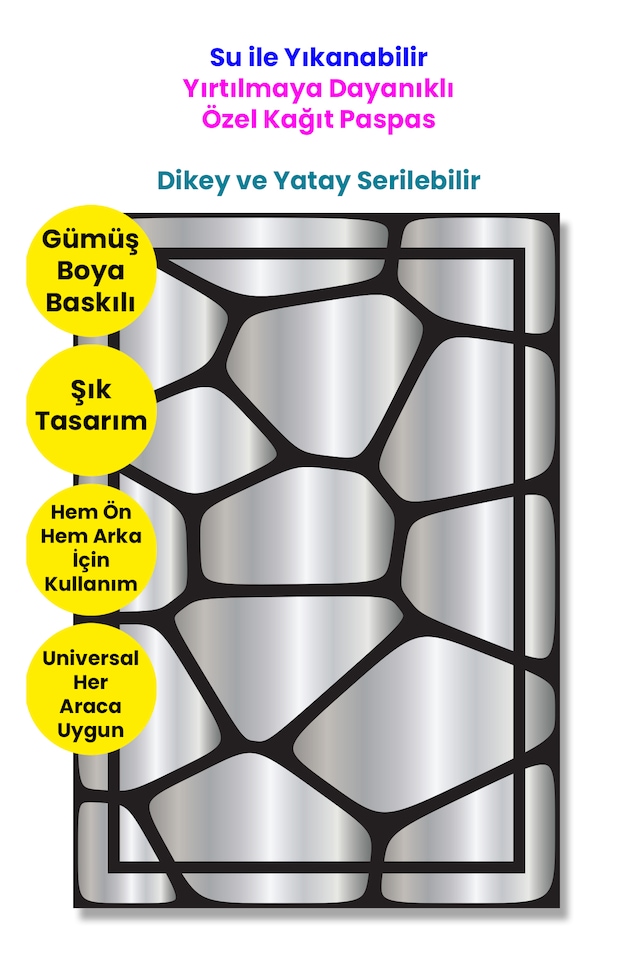 Suya Dayanıklı Yıkanır Kağıt Taş Zemin Desen Oto Paspas Kağıdı Siyah Gümüş Baskı 50 Adet 35x50cm