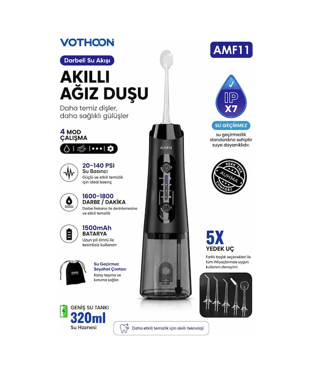 Şarjlı Ağız Duşu Diş Bakım Cihazı 4 Modlu Diş Arası Temizleyici 320ml 5 Başlıklı 1500 Mah Kablosuz