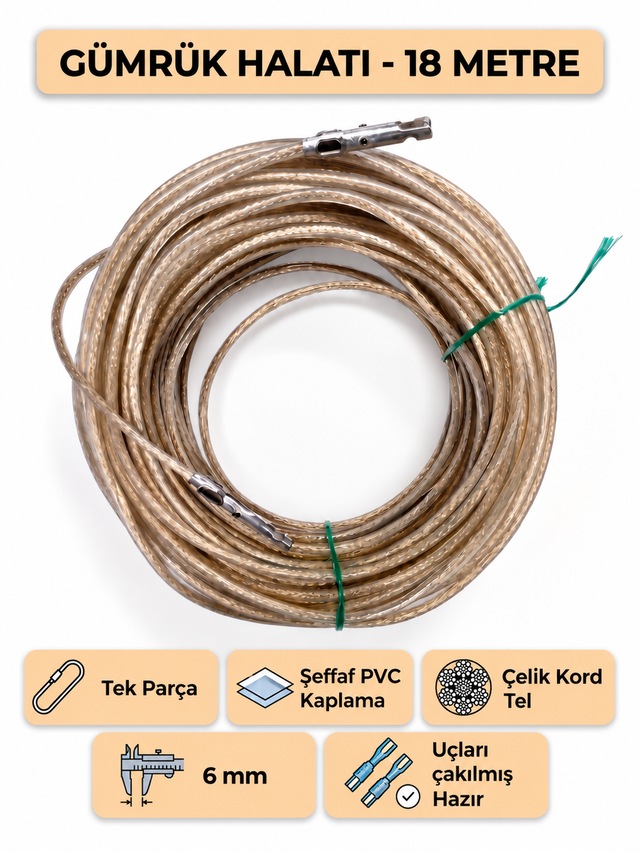 Tır Dorse Kamyon Konteyner Gümrük Halatı Galvanizli Çelik Tel 18 Metre 6mm