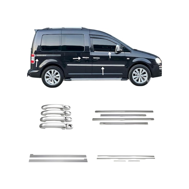 Volkswagen Caddy 2004-2010 Yan Krom Set Yan Kapı Çıtası-cam Çıtası-kapı Kolu-sürgü Çıtası A+