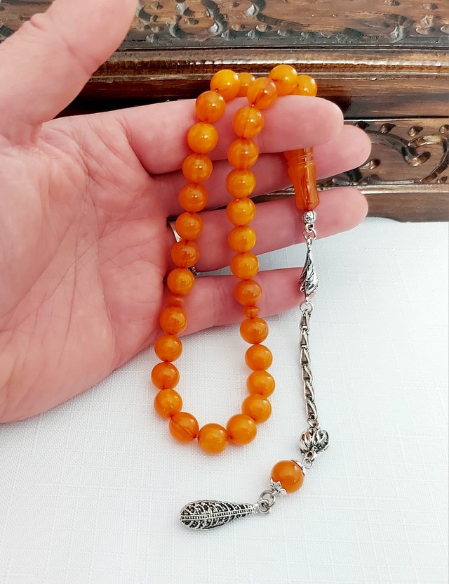 Sarı Hareli Küre Kesim Sıkma Kehribar Tesbih... Ölçü: 10 10