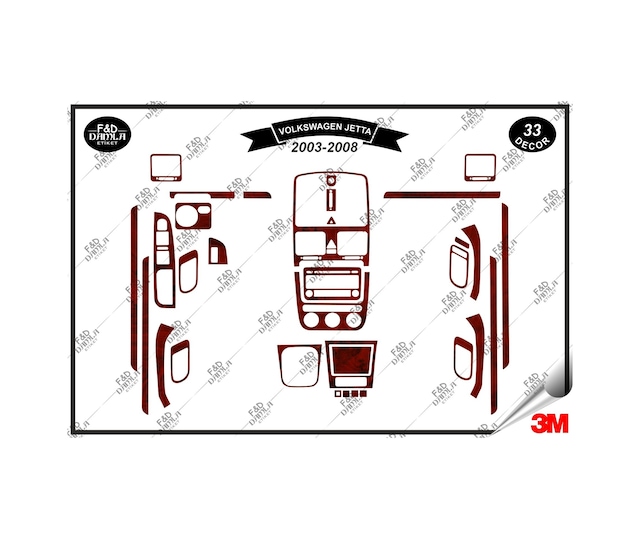 Volkswagen Jetta 2003-2008 Torpido Konsol Trim Göğüs Maun Kaplama Set 33 Parça Maun Renk