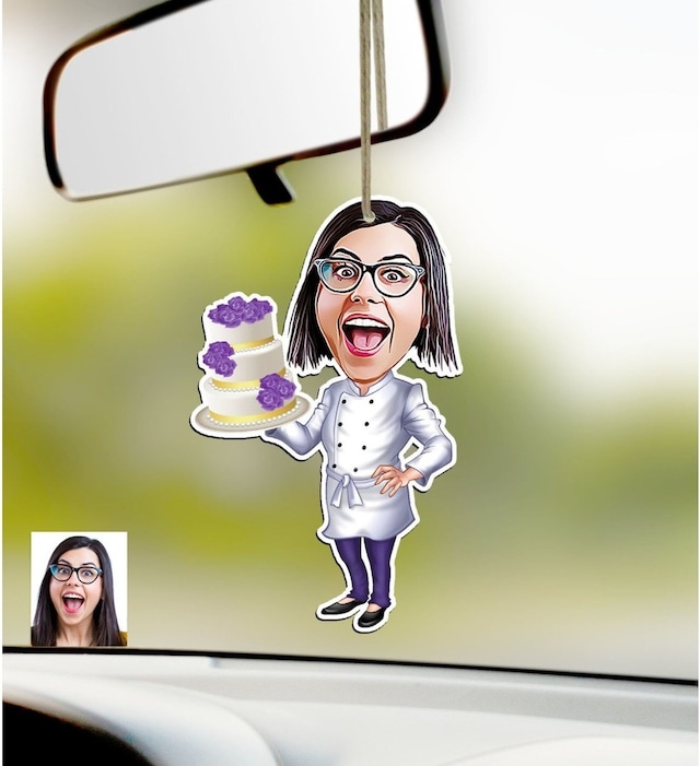 Kişiye Özel Bayan Chef Karikatürlü Ahşap Araba Dikiz Ayna Süsü-2