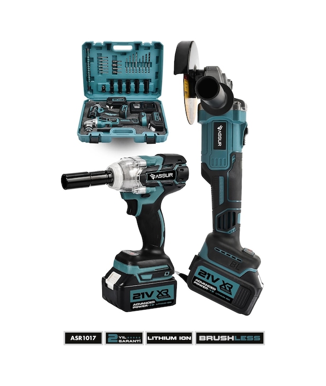 Assur Profesyonel 21V Çift Akülü Kömürsüz 125 Mm Taşlama + Darbeli 450 Nm Somun Sıkma Sökme 2'li Set - 1644