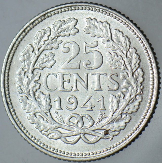 Hollanda 25 Cent 1941 Gümüş 3,57 Gr. Iı. Dünya Savaşı-kraliçe Wilhelmina Dönemi. Çilaltı+