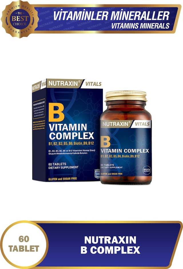 Nutraxin B Complex Vitamin 60 Tablet - B1, B2, B3, B5, B6, B12, Folik Asit, Biotin, Kolin, İnositol