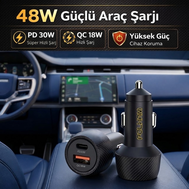 Polham 48w Süper Hızlı Type C Ve Usb Girişli Araç İçi Şarj Cihazı, Pd 30w + Qc 18w Çift Port 12v/24v 1 Adet