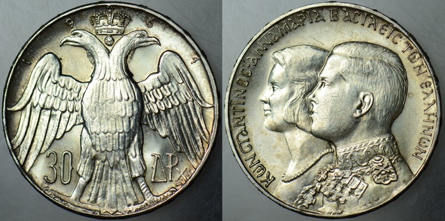Yunanistan 30 Drahmi 1964 Hatıra Gümüş-kraliyet Evliliği. 12 Gr. Çil.