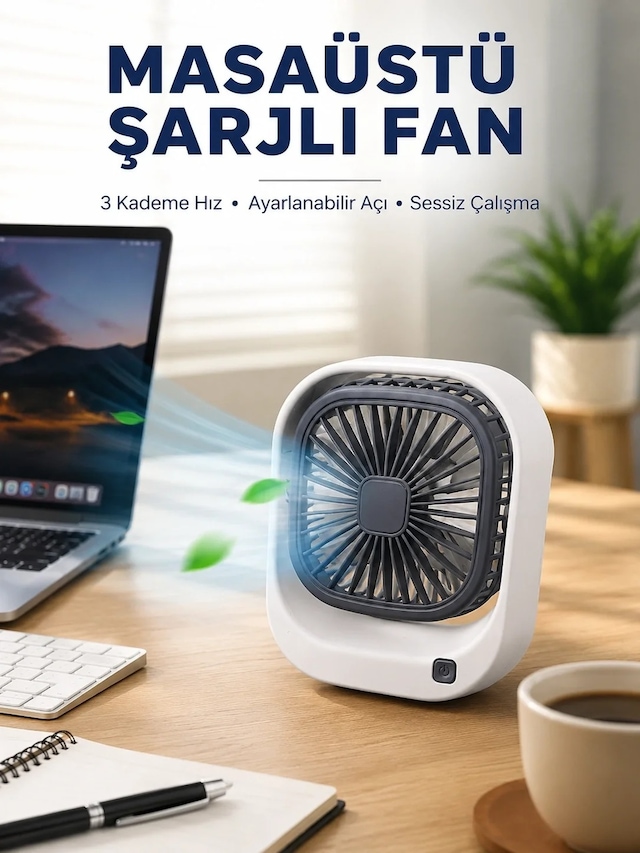 Ers Taşınabilir Masaüstü Fan Ayarlanabilir Açılı Şarjlı Tasarım